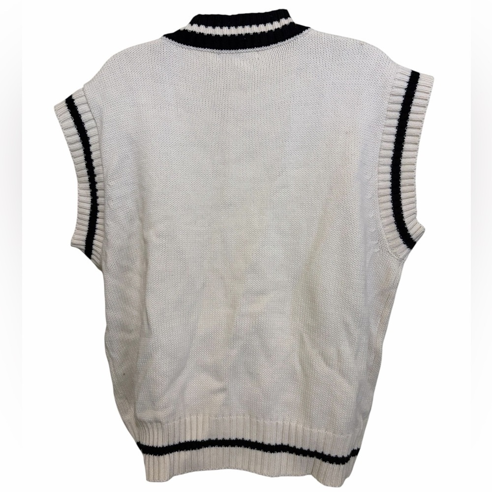 Cable Knit Sweater Vest Oversize Cream Black Contrast Crop Academia Preppy Crest - Picture 5 of 8